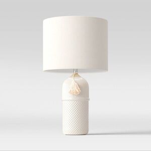 NWT, Threshold- Large Assembled Ceramic Table Lamp: Embossed, Tassel Detail